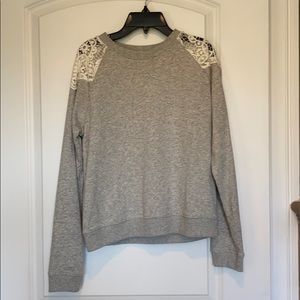 gray sweater with lace cutout shoulders